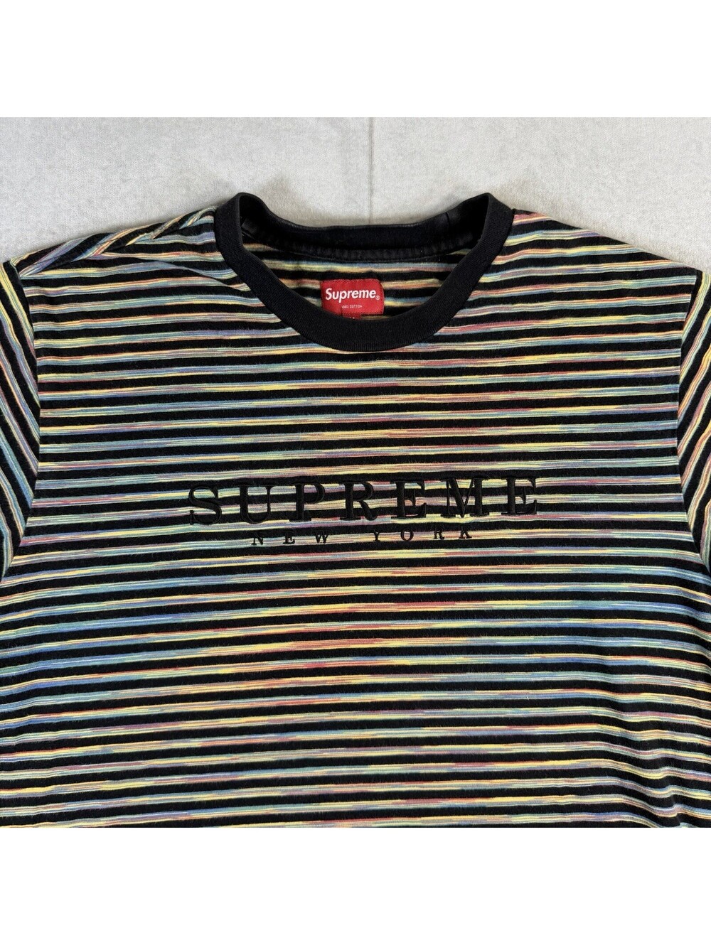 Supreme New York T Shirt Mens Medium Static Stripe SS18 Embroidered Logo